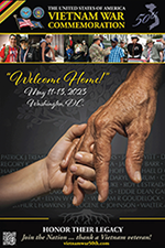 Vietnam War Commemoration "Welcome Home" poster of older hand holding child's hand in front of the Vietnam wall;