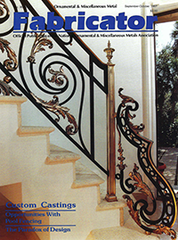 Ornamental & Miscellaneous Metal Fabricator cover with gold leaf scrolling stairway railing. Headlines "Custom Castings; Opportunities With Pool Fencint; The Paradox of Design