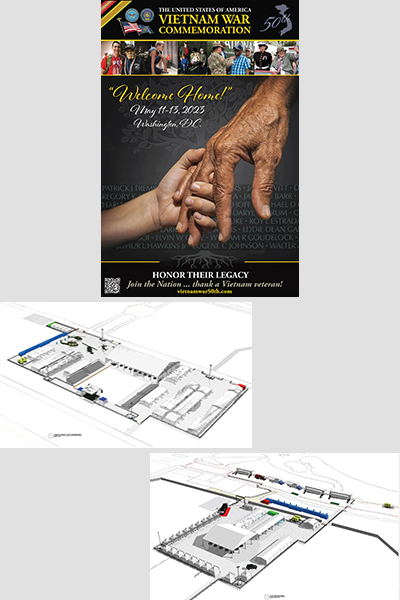 Vietnam War Commemoration "Welcome Home" poster of older hand holding child's hand in front of the Vietnam wall; below are architectural renderings of Camp Legacy-JFK Hockey Fields and Camp Legacy-West Potomac Park, 