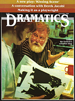 Dramatics cover with a bearded man showing costume design drawings to a woman inside the Guthrie Theatre costume shop. 