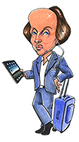 Caricature of Shakespeare in casual blue jacket and pants, leaning on a roller suitcase whie holding an iPad in his other hand.