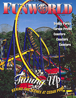 "Funworld" cover with looping yellow and blue roller coast (train on the center loop) against a tree-filled backdrop