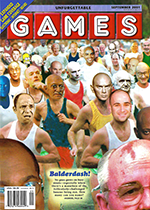 GAMES cover of a mens street race with famous bald heads superimposed on the runners. 