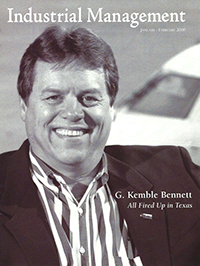 Industrial Management cover with portrait of G. Kemble Bennett in striped shirt and sport jacket, an exterior airplane cockpit in background. "G. Kemble Bennett: All Fired Up in Texas