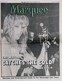 Marque cover with Barbara Menendez singing at a microphe with Kevin Radecker playing guitar behind her, and headline "Eric Minton Catches the Cold; "See Page 18. Link to PDF of article.
