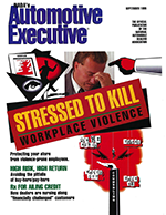 NADA's Automotive Executive" cover with montage of graphics showing warning signs and a man leaning into his hand rubbing his furrowed brow, and headline "Stressed to Kill: Workplace  Violence"