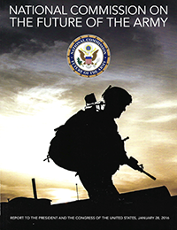 Cover of the National Commission on the Future of he Army with the commission's seal over a silhouhette of a backpacked and firearm toting soldier at sunset.