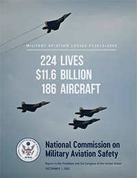 Cover of the 'National Commission on Military Aviation Safety:  Report to the President and the Congress of the United States, December 1, 2020.' 'Military Aviation Noncombat Losses, Fiscal Years 2013-2020: 224 Lives, $11.6 Billion, 186 Aircraft