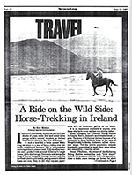 A reduced image of the tabloid Newsday's Travel section front, with a rider on a horse on a beach by a like and mountains in the background, with the headline "A Ride on the WIlde Side: Horse-Trekking in Ireland" and the first three paragraphs of the story.