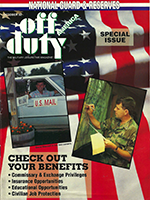 Cover of Off Duty National Guard and Reserves issue with photos of a soldier who is a mailman in civilian life. Waving flag is backdrop. Link to PDF