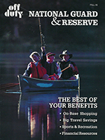 Cover of Off Duty National Guard & Reserve magazin, with photo of three people fishing in a canoe on a lake. Link to PDF