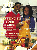 Off Duty cover with a couple holding wine glasses in a kitchen, a spread of vegetables on the counter in front of them, with headline "Getting Fit In Your Kitchen"