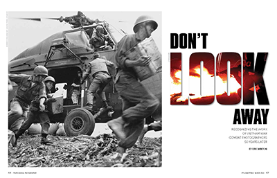 Magazine spread of story with headline "DOn't Look Away" and photograph of South Vietnamese soldiers scurrying to unload supplies from a helicopter with its blades still running
