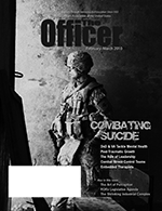 Cover of The Officer with a combat soldier standing against a wall amid dark shadows: "Combating Suicide"